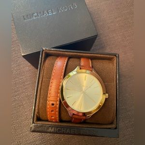 Micheal Kors Wrap Watch - Gold Face, Tan Band
